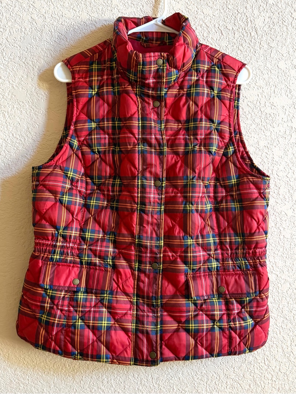 Talbots Red Tartan Plaid 80% Down Puffer Vest Full Zip Pockets Womens Size L